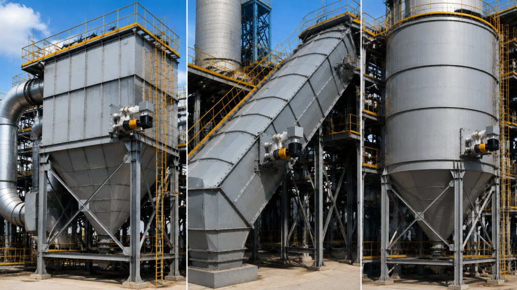 Dust collection hopper, transfer chute, and proportioning silo for industrial bulk material handling systems